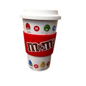 M&M Candy Mars 2018 Ceramic Travel Mug, Silicone Lid and Band.